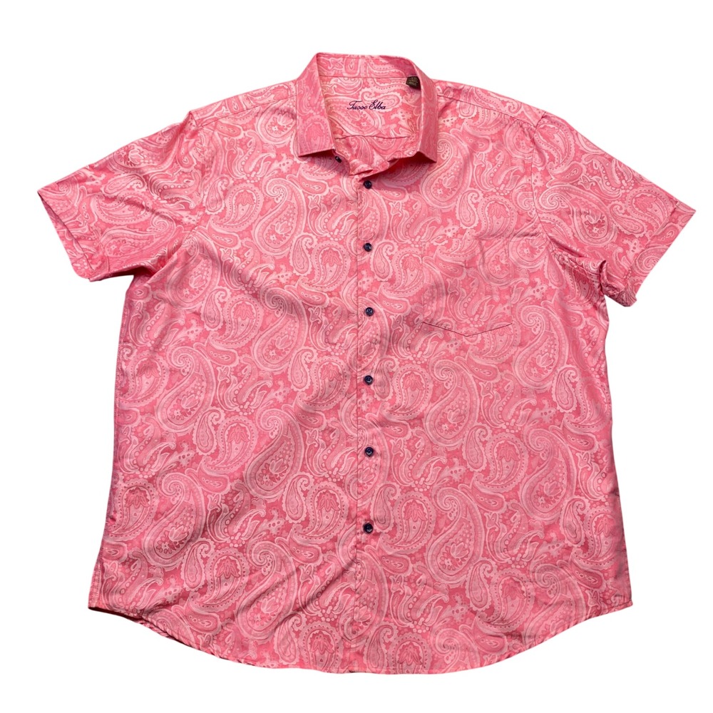 Tasso Elba Mens XXL Pink Paisley Short Sleeve Button Down Shirt Cotton Blend